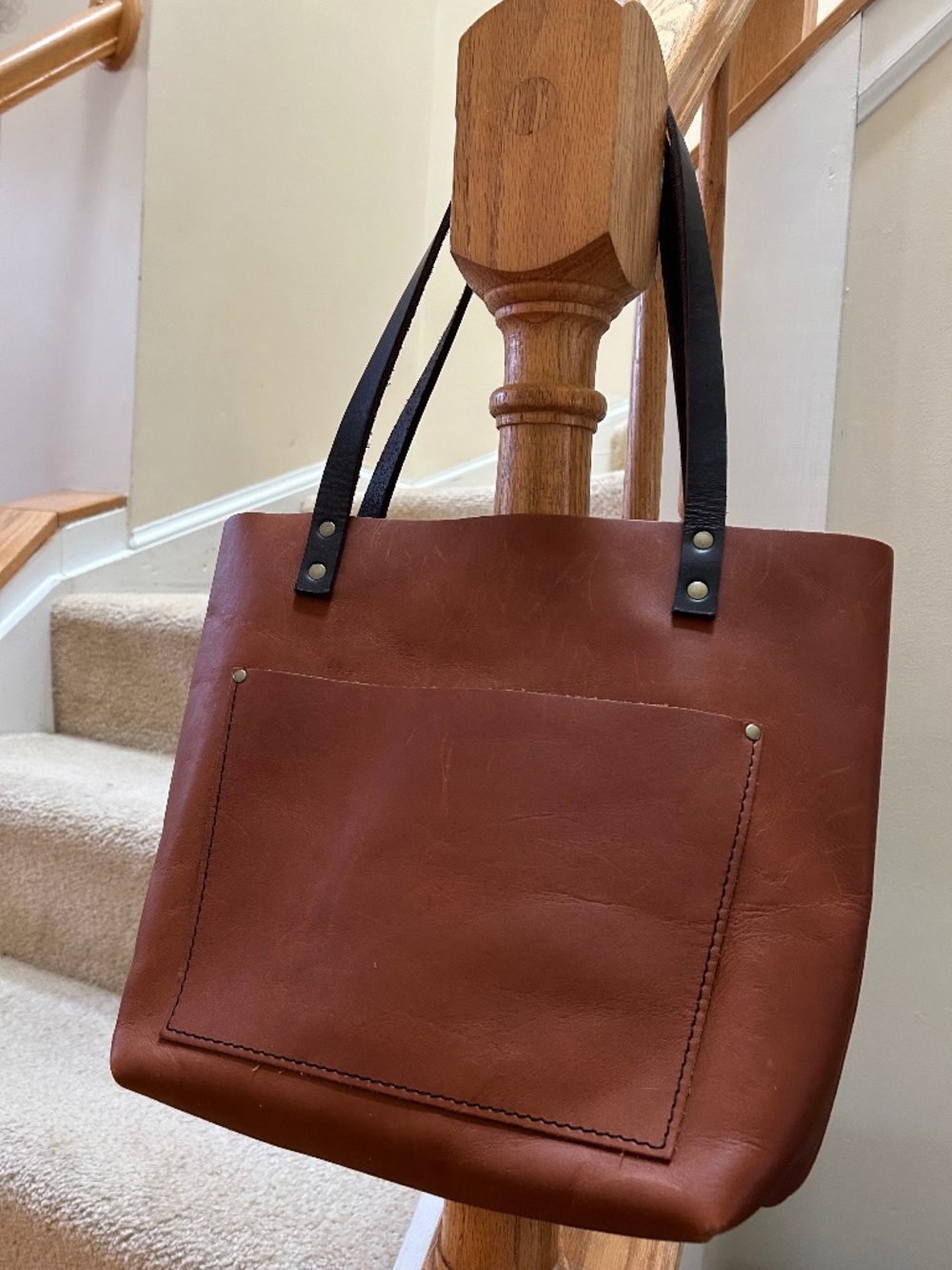 Leather Tote Bag with Front Pocket - Brown